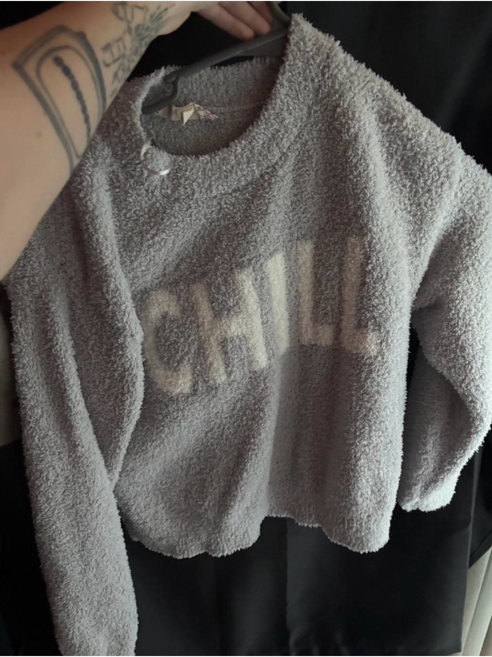 Pink Republic Plush Pullover in Dark Gray with Cream Tag Detail